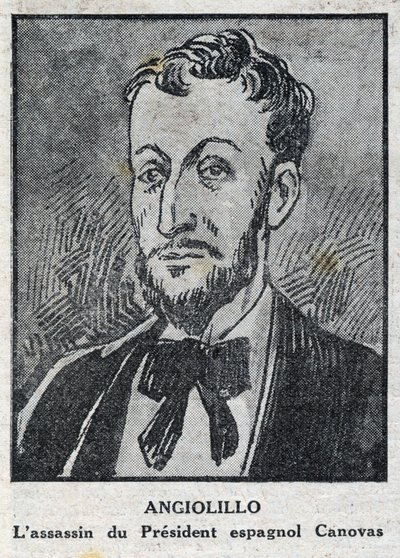 Retrato de Michele Angiolillo Lombardi, alias José Sants o Rinaldini, anarquista italiano (1871-1897) asesino del Presidente del Consejo de España, Antonio Cánovas del Castillo (1828-1897). Grabado en "L