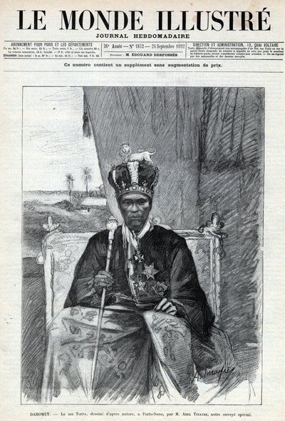 Retrato de Tofa I (Toffa) (circa 1850-1908), rey de Dahomey (Benín) en Porto Novo (Porto-Novo). Un periódico. Grabado en “Le monde illustree” de 1892. Colección privada de Anonymous Anonymous