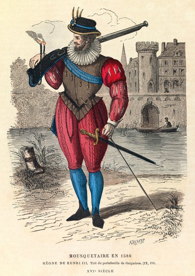 Retrato de un mosquetero en 1586 en París (bajo el reinado del Rey Enrique III), grabado, colección privada de Anonymous Anonymous