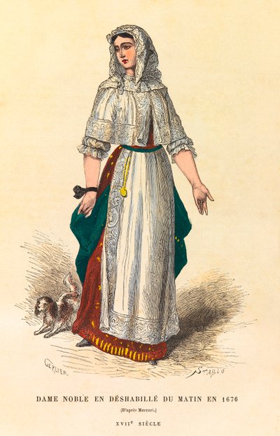 Retrato de una dama noble en el vestido de la mañana en 1676, grabado - colección privada de Anonymous Anonymous