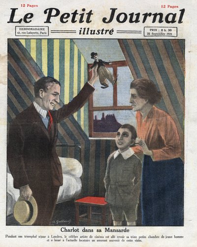 Retrato del actor Charlie Chaplin viajando a Londres, visitando su antigua habitación, ofrece al niño de la familia una pequeña muñeca de Charlot. Ilustración tomada de “Le petit journal illustrious” del 23/09/1921. Colección privada de Anonymous Anonymous