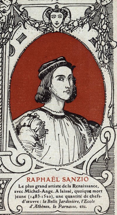 Retrato del pintor renacentista italiano Rafael (Raffaello Sanzio 1483-1520). Grabado de 1914. Colección privada. de Anonymous Anonymous