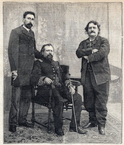 Retrato de los tres "Académicos": Marius Tournade, Achille Le Roy y Maxime Lisbon (1839-1905) que querían ridiculizar a la Academia Francesa. Grabado en "Le Petit Parisien" el 4/06/1893 de Anonymous Anonymous