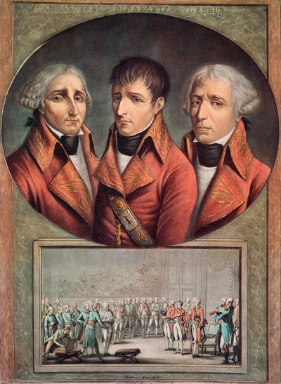 Retrato de los tres cónsules Cambaceres, Napoleón Bonaparte y Charles-Francois Lebrun (grabado) de Anonymous Anonymous