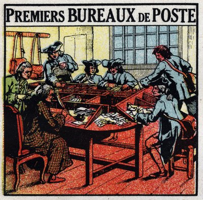 Oficina de correos: primeras oficinas de correos en París en el siglo XVIII. Ilustración anónima de 1925. Colección privada. de Anonymous Anonymous