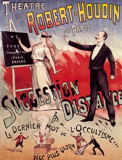 Cartel que presenta el espectáculo “Sugerencia a distancia” en el Teatro Robert Houdin en París, fundado por Jean-Eugène Robert Houdin (1805-1871) de Anonymous Anonymous