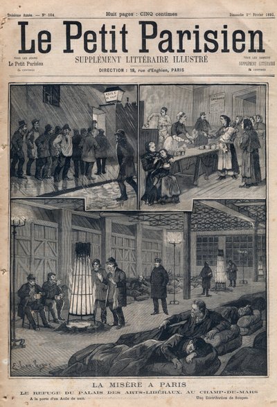 Pobreza en París: el refugio del Palais des arts-liberaux en el campo de Marte - en la puerta de un asilo - una distribución de sopas. Grabado en “Le petit Parisien” de 1891. Colección privada. de Anonymous Anonymous