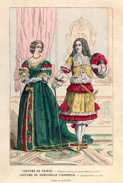 Traje de príncipe y traje de dama de honor bajo el reinado de Luis XIV (1638-1715) de Anonymous Anonymous
