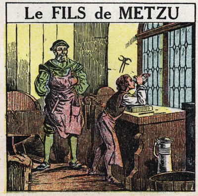 Prismas y lentes: el hijo de Metzu. El holandés Jacob Metzu descubrió el telescopio por casualidad en 1609, observando a su hijo jugar con lentes cóncavas y convexas. Ilustración anónima de 1925. Colección privada. de Anonymous Anonymous