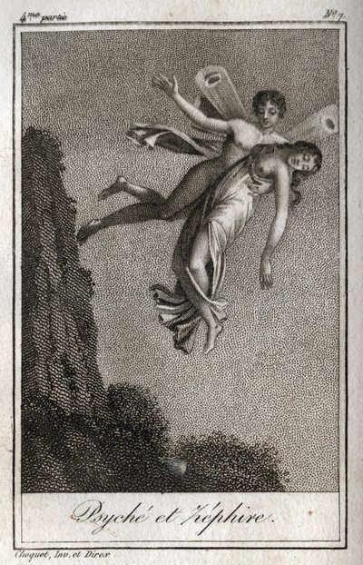 Psique llevada por el Céfiro. Grabado de 1819 en "Lettres a Emilie sur la mythologie" de Charles Albert Demoustier (1760-1801). Colección privada. de Anonymous Anonymous