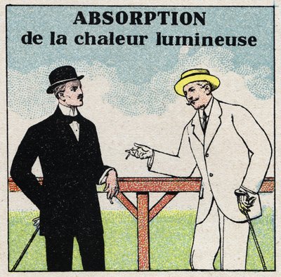 Radiación y conductibilidad: diferente absorción de calor según el color de la ropa. Ilustración anónima de 1925. Colección privada. de Anonymous Anonymous