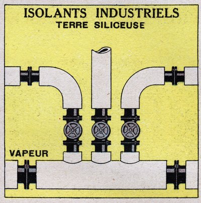 Radiación y conductibilidad: aislamiento industrial. Rodeamos las tuberías con ladrillos de tierra silícea. Ilustración anónima de 1925. Colección privada. de Anonymous Anonymous