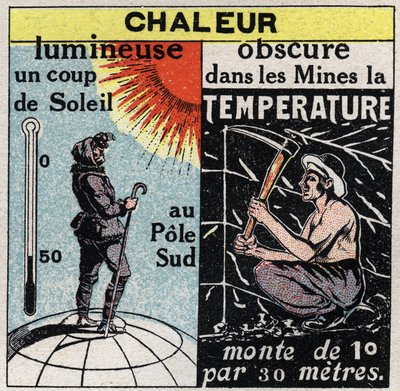 Radiación y conductibilidad: calor de luz (quemadura solar en el Polo Sur) y calor oscuro (en las minas la temperatura sube 1 grado cada 30 metros). Ilustración anónima de 1925. Colección privada. de Anonymous Anonymous