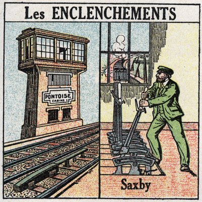 Ferrocarriles: enclavamiento. Un ferrocarril usando una estación de palancas individuales Saxby. Ilustración anónima de 1925. Colección privada. de Anonymous Anonymous