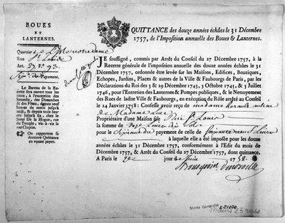 Recibo de la Oficina de Ingresos sobre el pago de Impuestos para el Barro y las Linternas, fechado en diciembre de 1757 de Anonymous Anonymous
