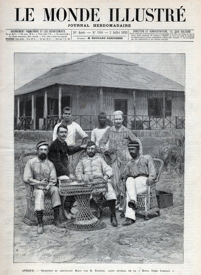 Recepción del Teniente Mizon por Frederick Bedford (1838-1913), agente general de la Royal Niger Company. El explorador francés Louis Alexandre Antoine Mizon (1853-1899) durante su viaje a África Occidental. Grabado en 