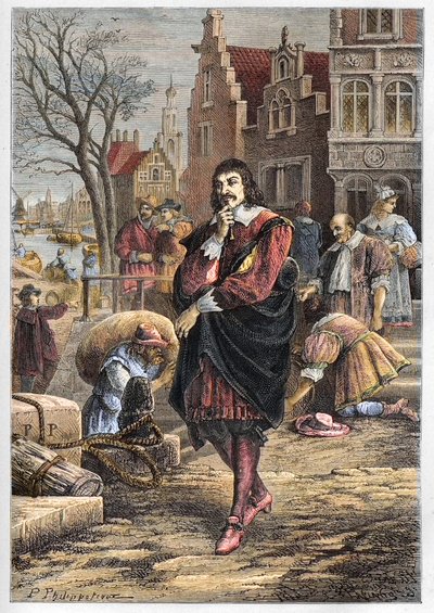René Descartes (1596-1650), filósofo y matemático francés caminando por las calles de Ámsterdam - grabado de "L