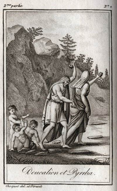 Representación de Deucalión y Pirra, los únicos sobrevivientes después del diluvio causado por Zeus para destruir la raza humana. Temis después del diluvio les pide que caminen con la cabeza cubierta arrojando detrás de ellos los huesos de su madre (las pi de Anonymous Anonymous