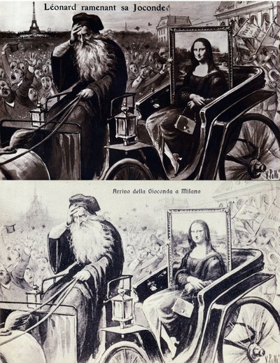 Representación de Leonardo da Vinci (1452-1519) trayendo de vuelta su obra 