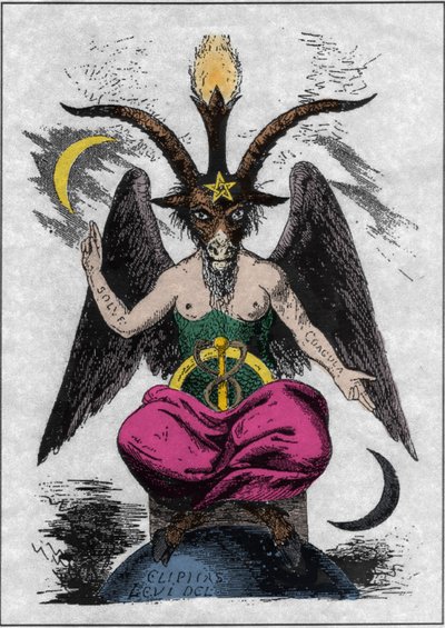 Representación del Baphomet: un monstruo con cabeza de cabra y cuerpo de mujer con citas alquímicas en los brazos "solve" y "coagula", un decágono entre las piernas y un pentagrama en la frente. El diablo de Eliphas Levi (Alphonse Louis) de Anonymous Anonymous