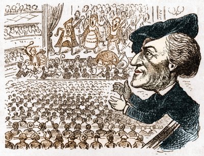 Richard Wagner emplea a cientos de cantantes, músicos, millones de personas alquilan asientos y él es el único que aplaude. Caricatura del compositor alemán Richard Wagner (1813-1883) de Les moeurs et la caricature en allemand por J. Grand-Carteret. Alrede de Anonymous Anonymous