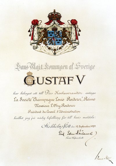 Patente real otorgada a la Casa Louis Roederer por el Rey de Suecia en 1929 de Anonymous Anonymous