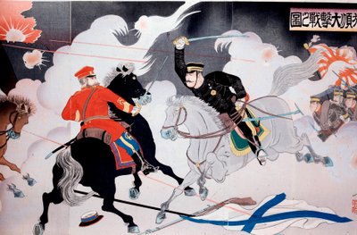 Guerra Ruso-Japonesa (1904-1905) Estampa japonesa que representa la batalla de dos jinetes. Inicio del siglo XX Colección privada de Anonymous Anonymous