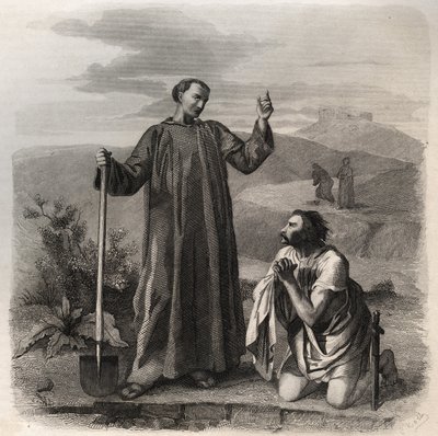 San Benito de Nursia dando la bienvenida a Totila (siglo VI) rey de los ostrogodos. Grabado de 1846 en “Vidas de los santos”. Colección privada de Anonymous Anonymous