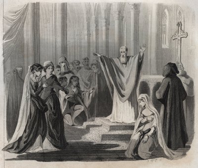 San Dunstan (ca. 909-988), obispo de Canterbury, benedictino y reformador de la vida monástica en Inglaterra, anunciando su inminente muerte al pueblo. Grabado de 1846 en “Lives of the saints”. Colección privada. de Anonymous Anonymous