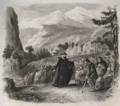 San Francisco de Sales (1567-1622), obispo de Ginebra en una visita pastoral. Grabado de 1846 en “Vidas de los santos”. Colección privada de Anonymous Anonymous