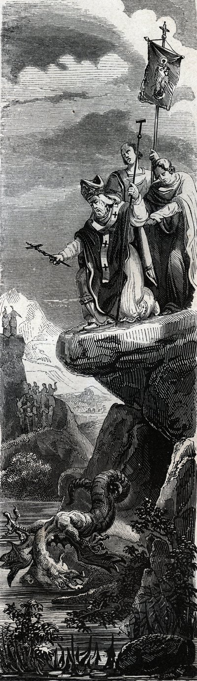 San Frontón (primer evangelizador del Périgord) (siglo III) precipitando al dragón en el Dordoña - Grabado de 1846 en 