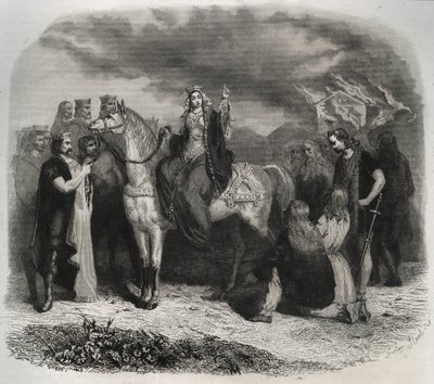 Santa Radegunda (Radegunda de Poitiers, 519-587) quemó un templo pagano y convirtió a los galos a la religión cristiana. Grabado de 1846 en "Vidas de los santos". Colección privada de Anonymous Anonymous