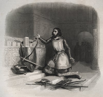 San Guillermo de Aquitania (Guilhem de Gellone) (ca. 750/755-812/815) colocando sus armas en la tumba de San Julián el Mártir en Brioude. Grabado de 1846 en “Lives of the saints”. Colección privada. de Anonymous Anonymous
