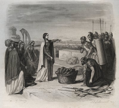Santa Genoveva distribuyendo comida a la gente durante el asedio de París por el ejército de los hunos de Atila en 451 (invasiones bárbaras). Grabado de 1846 en “Vidas de los santos”. Colección privada de Anonymous Anonymous