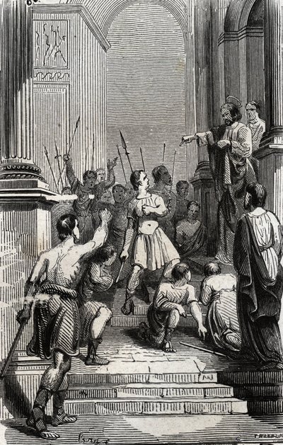 Saturnino de Toulouse (San Sernin, primer obispo cristiano de Toulouse) (siglo III) detenido en el capitolio de Toulouse - Grabado de 1846 en 