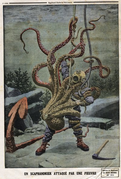 Buzo atacado por un pulpo. Grabado en “Le petit Journal”, el 16/06/1912. Colección privada. de Anonymous Anonymous