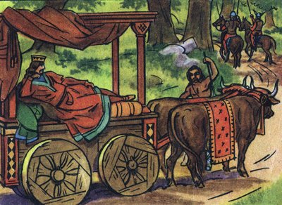 Escena que representa a los reyes perezosos: Rey de Francia Thierry III (673-691) llevado en un tanque con una cama tirada por bueyes. Ilustración anónima en “Collection des souverains et chefs d