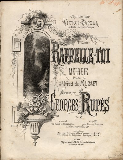 Partitura de "recuerda" melodía de Georges Rupes después de una poesía de Aldre de Musset. Colección privada de Anonymous Anonymous