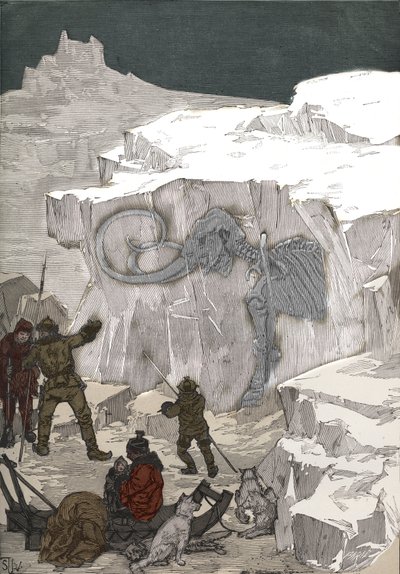 Búsqueda de marfil fósil de mamut en Siberia en el siglo XIX. Grabado de 1885 en “Les arts et metiers illustres” por Adolphe BITARD. de Anonymous Anonymous