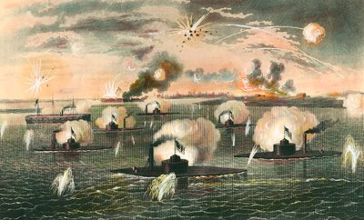 Guerra de Secesión (1861-1865): "Ataque de acorazados de baterías flotantes durante la Guerra de Secesión" Grabado alrededor de 1865. Colección privada de Anonymous Anonymous