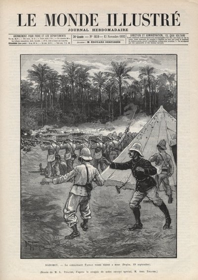 Segunda Guerra de Dahomey (1892-1894): muerte del comandante francés Faurax durante la Batalla de Dogba el 19 de septiembre de 1892 en Dahomey (ahora Benín). Un periódico. Grabado en “Le monde illustrée” de 1892. Colección privada. de Anonymous Anonymous
