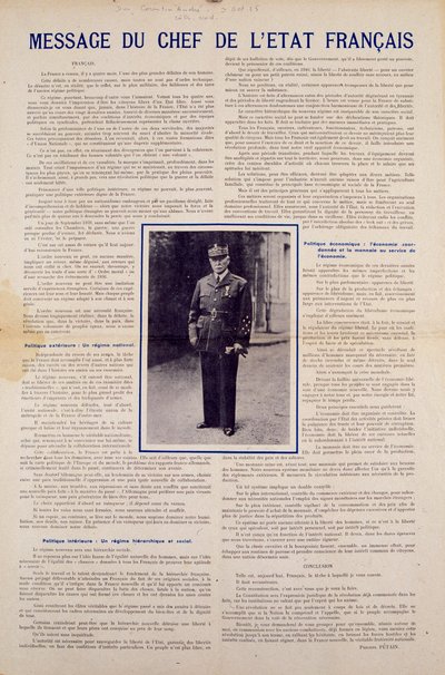 Segunda Guerra Mundial y régimen de Vichy: mensaje del jefe de estado francés Philippe Pétain publicado tras el armisticio firmado por Francia en junio de 1940 y presentando el programa de la Revolución Nacional, otoño de 1940. Colección privada de Anonymous Anonymous