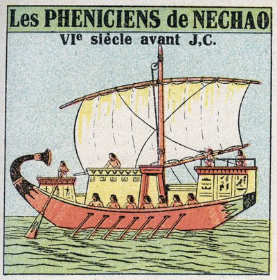 Barcos y naves: marineros fenicios al servicio del faraón Necao en el siglo VII a.C. Ilustración anónima de 1925. Colección privada. de Anonymous Anonymous