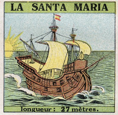 Barcos y naves: Santa María, carabela de Cristóbal Colón (1451-1506) cuando descubrió América en 1492. Ilustración anónima de 1925. Colección privada. de Anonymous Anonymous
