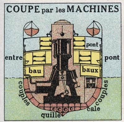 Barcos y naves: sección transversal de un buque con ruedas por maquinaria. Ilustración anónima de 1925. Colección privada de Anonymous Anonymous
