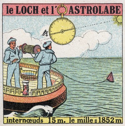 Barcos y naves: el log y el astrolabio, instrumentos de navegación. Ilustración anónima de 1925. Colección privada. de Anonymous Anonymous