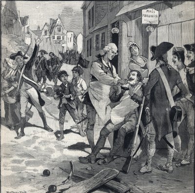 Asedio de Lille en 1792: Maes usando un fragmento de bomba como plato de barba para afeitar a un cliente. Grabado en 