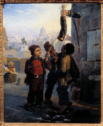 Pequeña chimenea desalterando al agua de una bomba en el Quai du Louvre en 1830 Pintura anónima. 1830 de Anonymous Anonymous