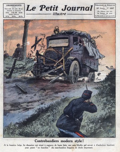 Contrabandistas a bordo de un coche blindado cargado con paquetes de tabaco cruzaron la frontera belga por la fuerza y fueron neutralizados por los aduaneros. Ilustración tomada de “Le petit journal” del 22/05/1921. Colección privada de Anonymous Anonymous