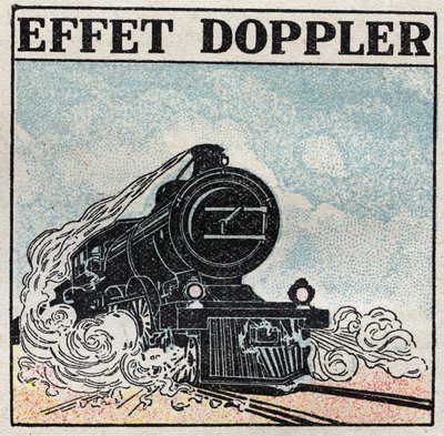 Energía sonora: efecto Doppler destacado en 1842 por Christian Andreas Doppler (1803-1853). El silbato de una locomotora tiene un sonido agudo cuando llega y se vuelve grave cuando se aleja. Ilustración anónima de 1925. Colección privada. de Anonymous Anonymous